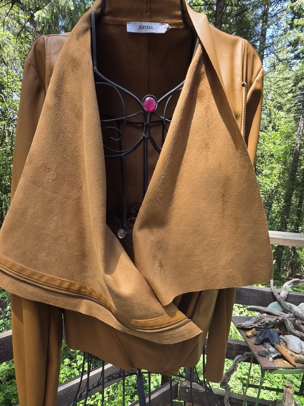 JustFab Cognac Brown/tan Faux Suede Draped Leather Jacket SzL - Picture 10 of 13